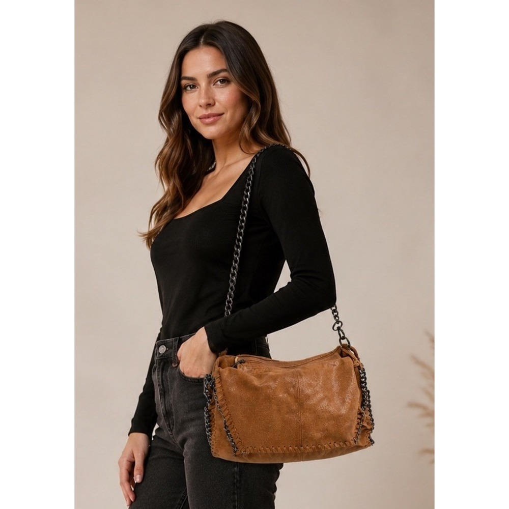 SOFIA Made in Italy Brown Suede Leather Chain Trim Foldover Shoulder Bag
